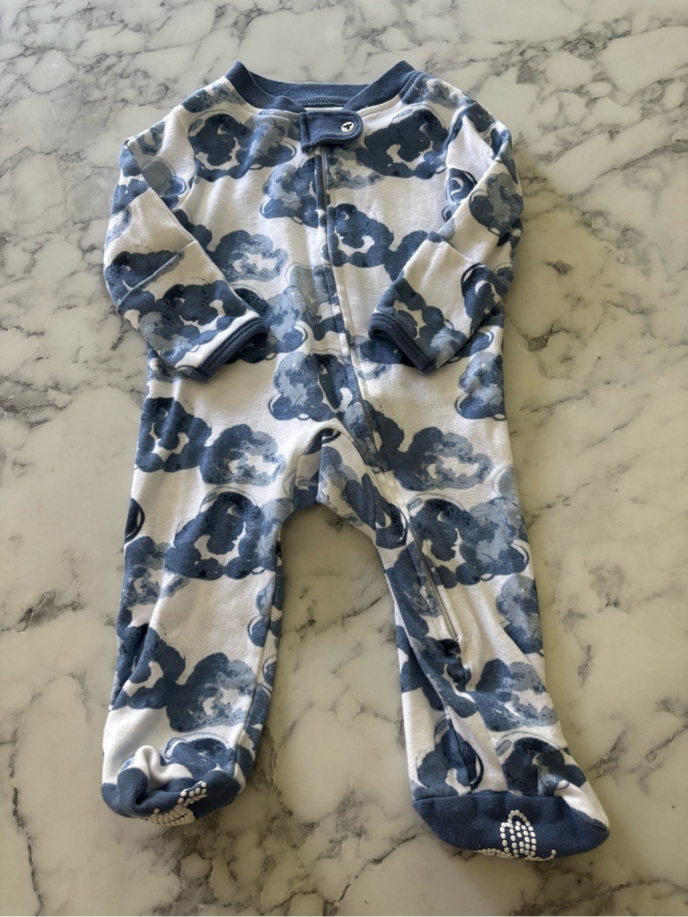 Blue Cloud-Print Baby Footed One-Piece
